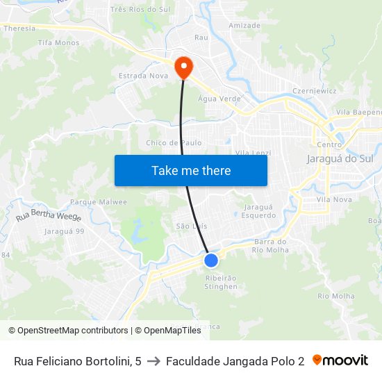 Rua Feliciano Bortolini, 5 to Faculdade Jangada Polo 2 map