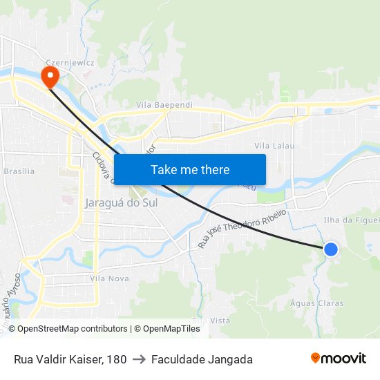 Rua Valdir Kaiser, 180 to Faculdade Jangada map