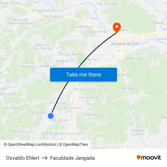 Osvaldo Ehlert to Faculdade Jangada map