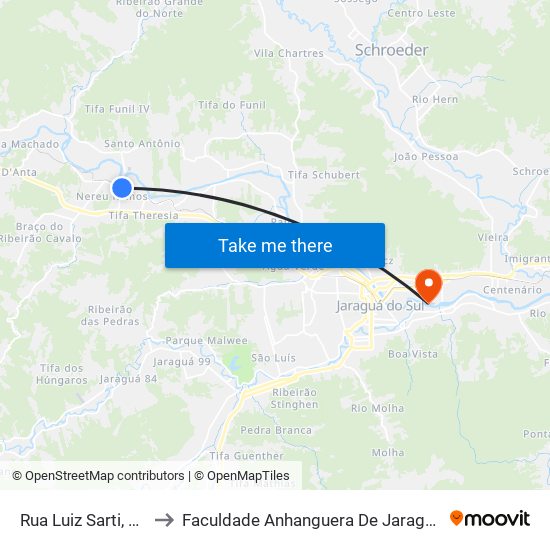 Rua Luiz Sarti, 1-365 to Faculdade Anhanguera De Jaraguá Do Sul map
