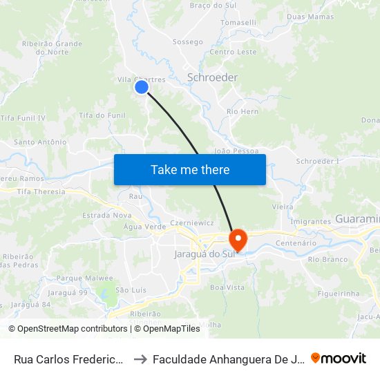 Rua Carlos Frederico Ramthum to Faculdade Anhanguera De Jaraguá Do Sul map