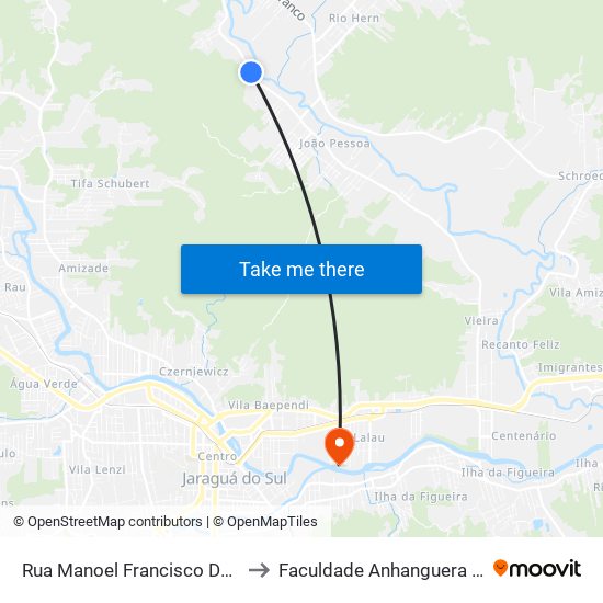 Rua Manoel Francisco Da Costa, 7000-7204 to Faculdade Anhanguera De Jaraguá Do Sul map