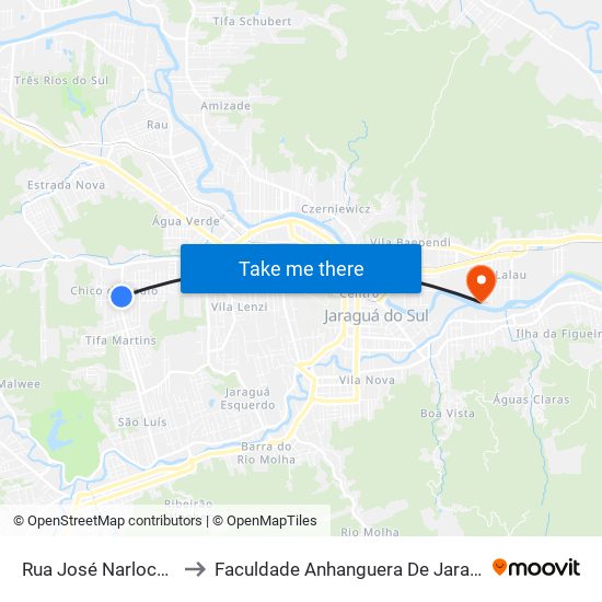Rua José Narloch, 2565 to Faculdade Anhanguera De Jaraguá Do Sul map