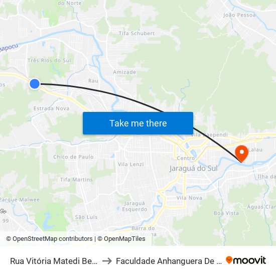 Rua Vitória Matedi Bertolde, 21-23 to Faculdade Anhanguera De Jaraguá Do Sul map