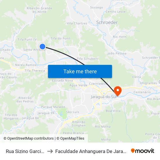Rua Sizino Garcia, 455 to Faculdade Anhanguera De Jaraguá Do Sul map