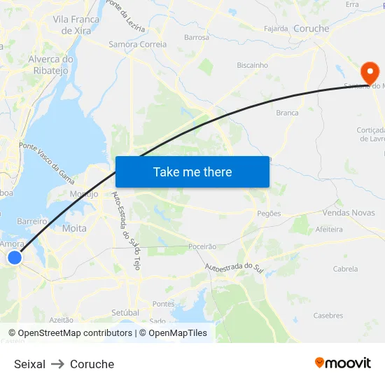 Seixal to Coruche map