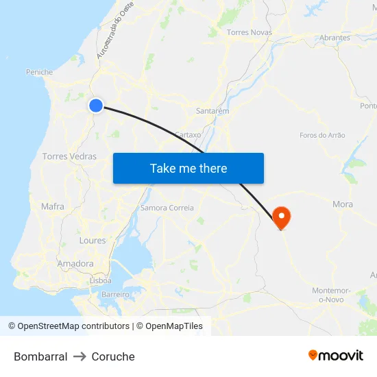 Bombarral to Coruche map