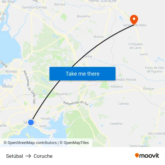 Setúbal to Coruche map