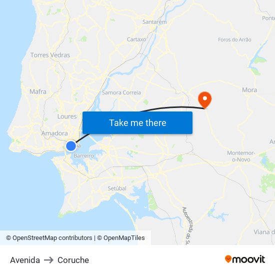 Avenida to Coruche map