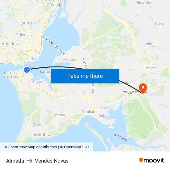 Almada to Vendas Novas map