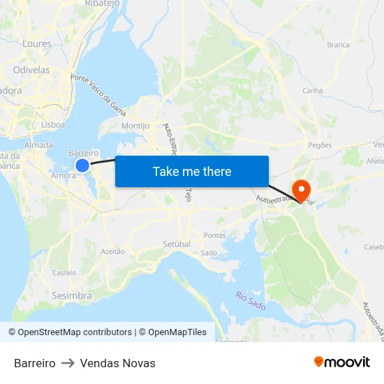 Barreiro to Vendas Novas map