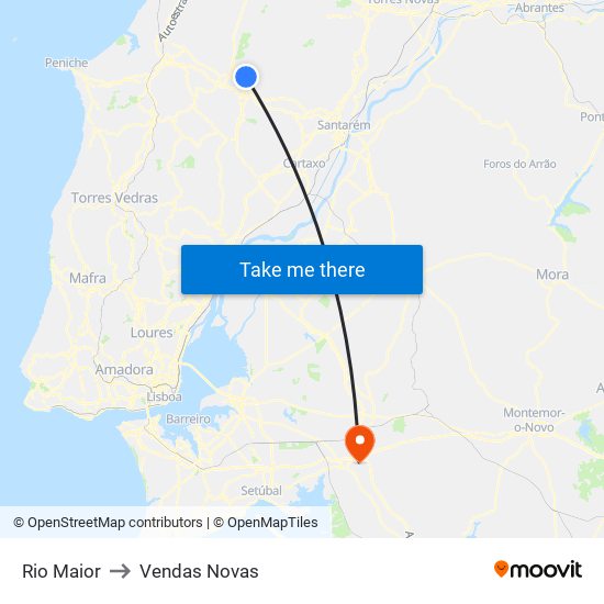 Rio Maior to Vendas Novas map