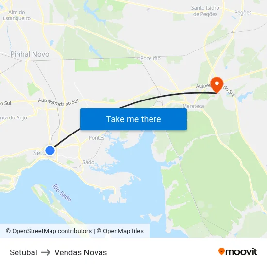 Setúbal to Vendas Novas map