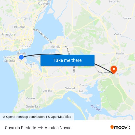 Cova da Piedade to Vendas Novas map