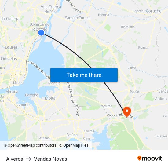 Alverca to Vendas Novas map