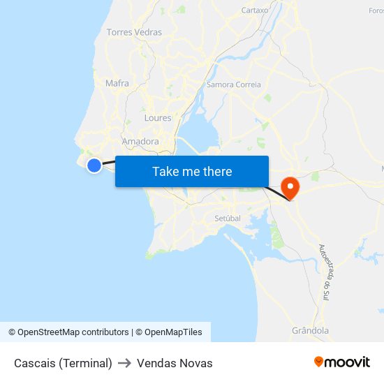 Cascais (Terminal) to Vendas Novas map