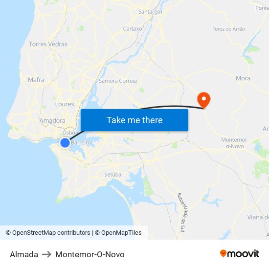 Almada to Montemor-O-Novo map