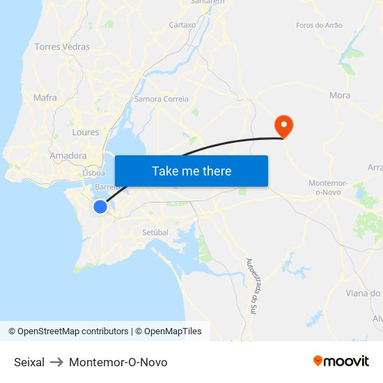 Seixal to Montemor-O-Novo map