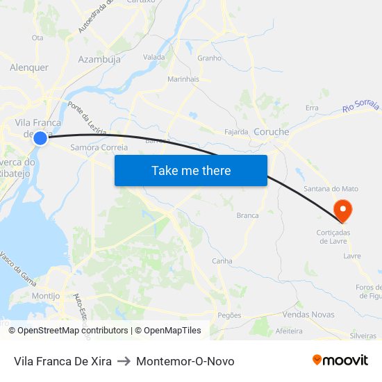 Vila Franca de Xira to Montemor-O-Novo map