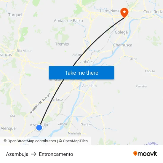 Azambuja to Entroncamento map