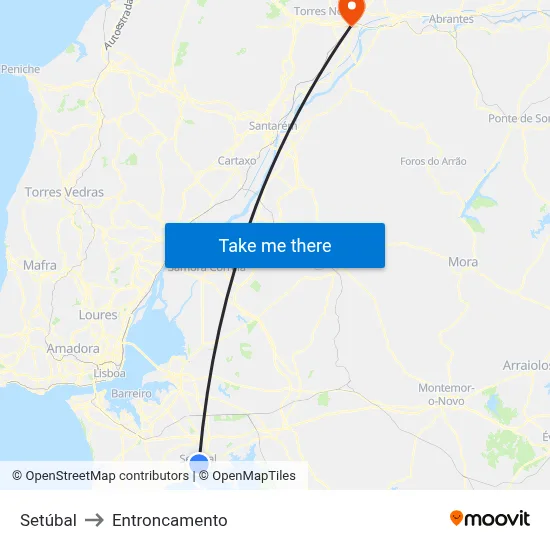 Setúbal to Entroncamento map
