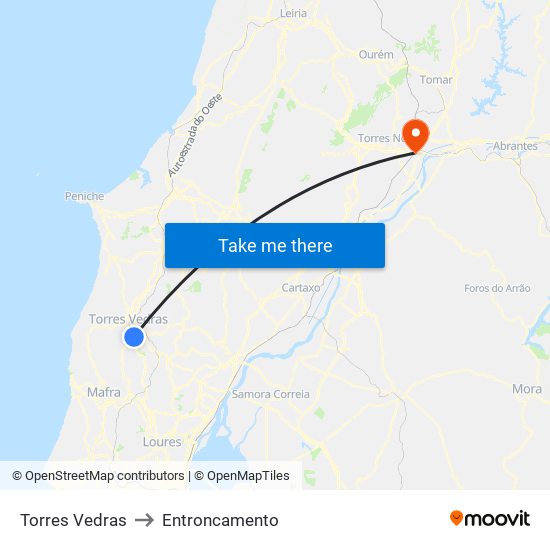 Torres Vedras to Entroncamento map