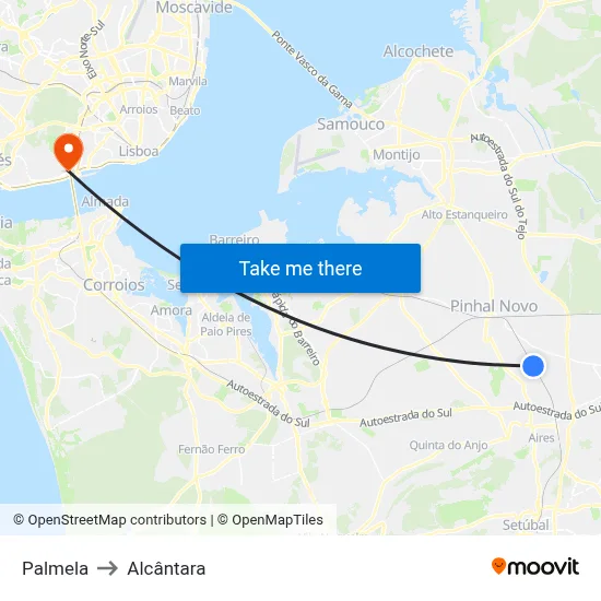 Palmela to Alcântara map
