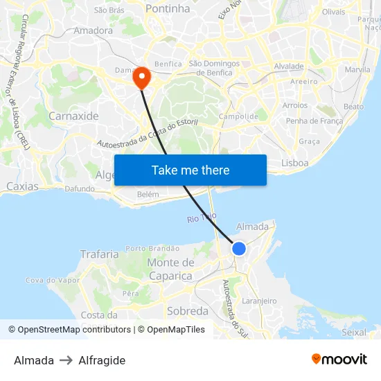Almada to Alfragide map