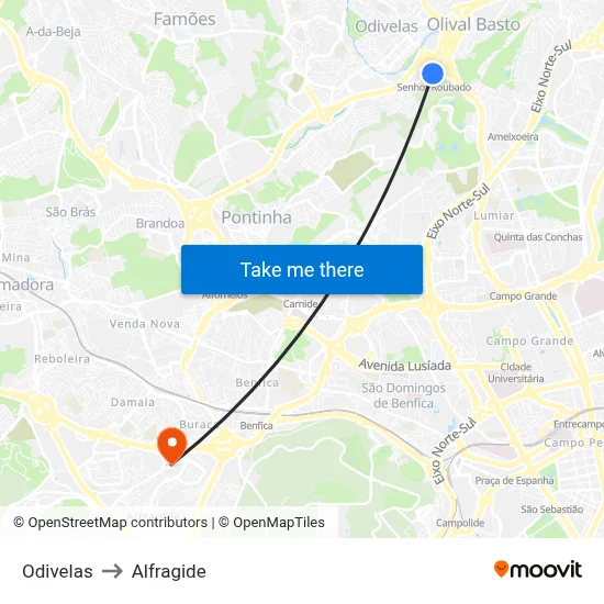Odivelas to Alfragide map