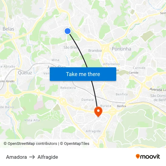 Amadora to Alfragide map