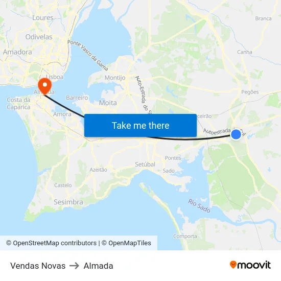 Vendas Novas to Almada map