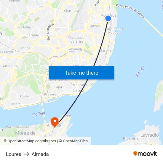 Loures to Almada map