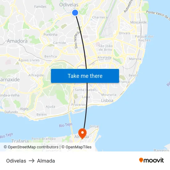 Odivelas to Almada map