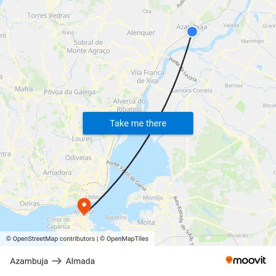 Azambuja to Almada map