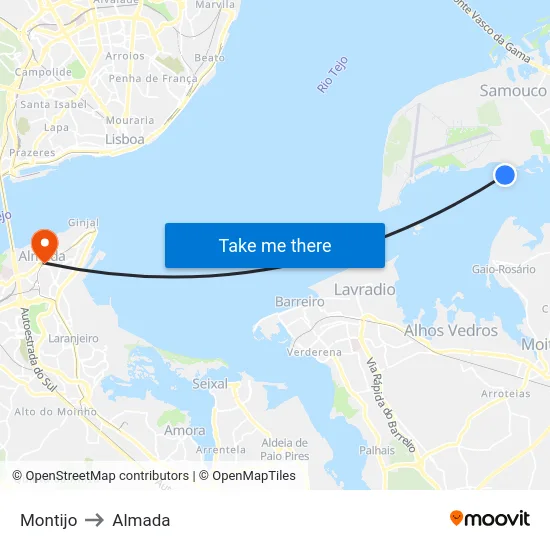 Montijo to Almada map