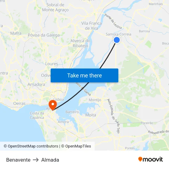 Benavente to Almada map