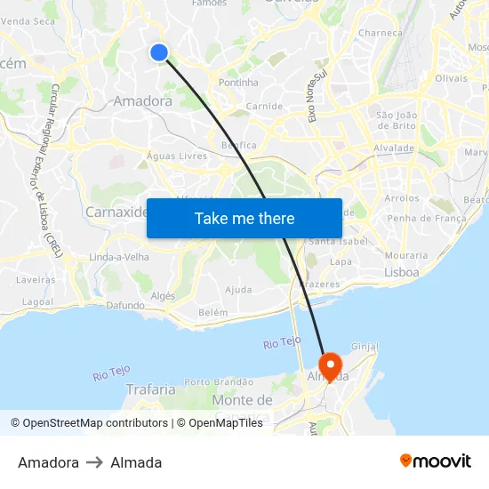 Amadora to Almada map