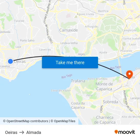 Oeiras to Almada map