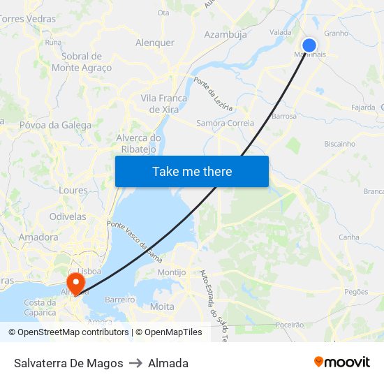 Salvaterra De Magos to Almada map