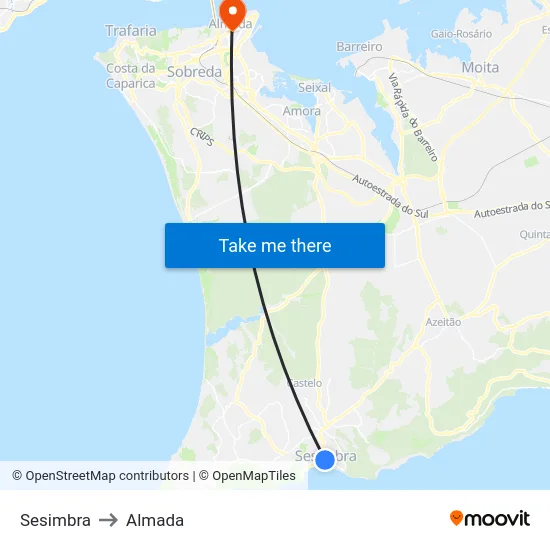 Sesimbra to Almada map