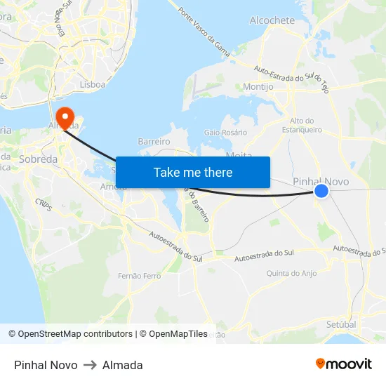 Pinhal Novo to Almada map