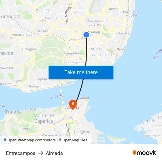 Entrecampos to Almada map