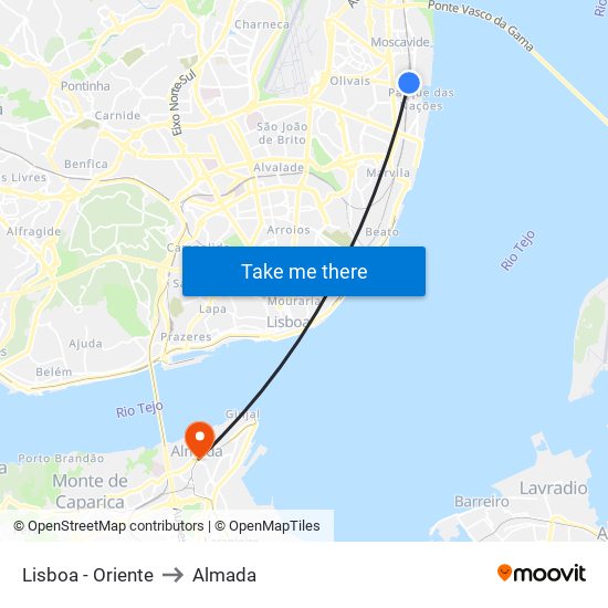 Lisboa - Oriente to Almada map