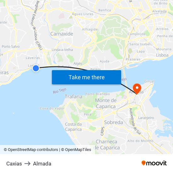 Caxias to Almada map