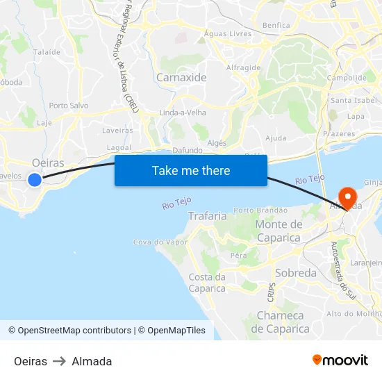 Oeiras to Almada map