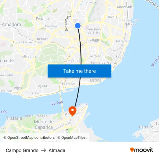 Campo Grande to Almada map