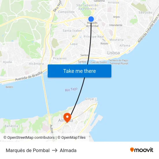 Marquês de Pombal to Almada map