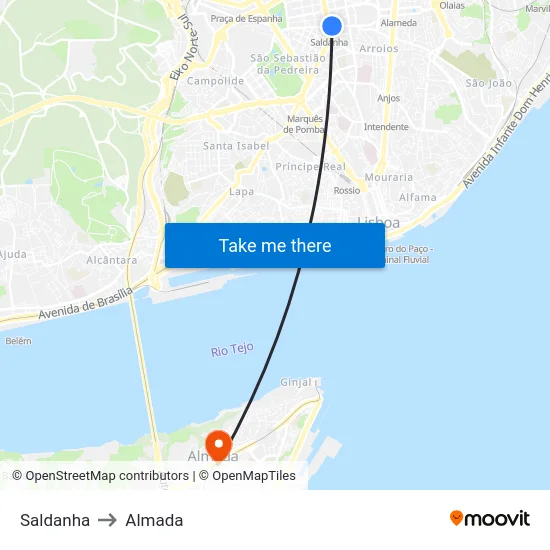 Saldanha to Almada map