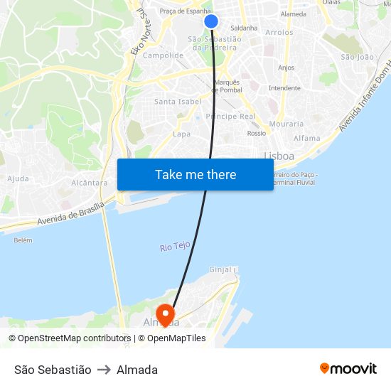 São Sebastião to Almada map
