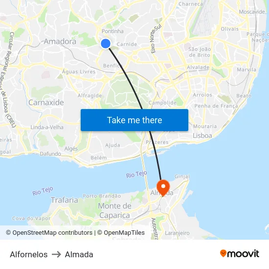 Alfornelos to Almada map
